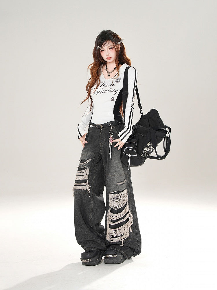 Sailor Block Graphic Top Collar Long Sleeve Prints White/Black with Color and