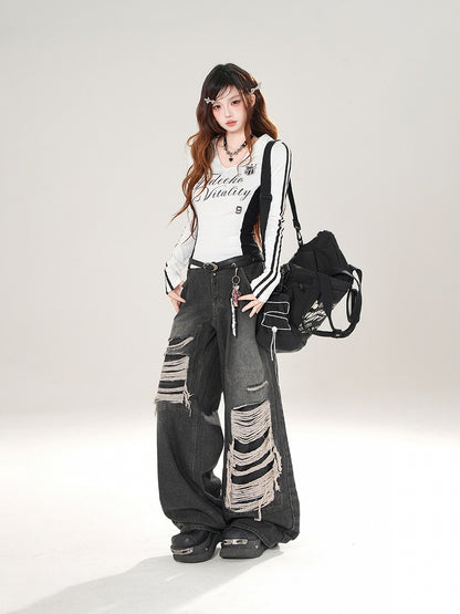 Sailor Block Graphic Top Collar Long Sleeve Prints White/Black with Color and