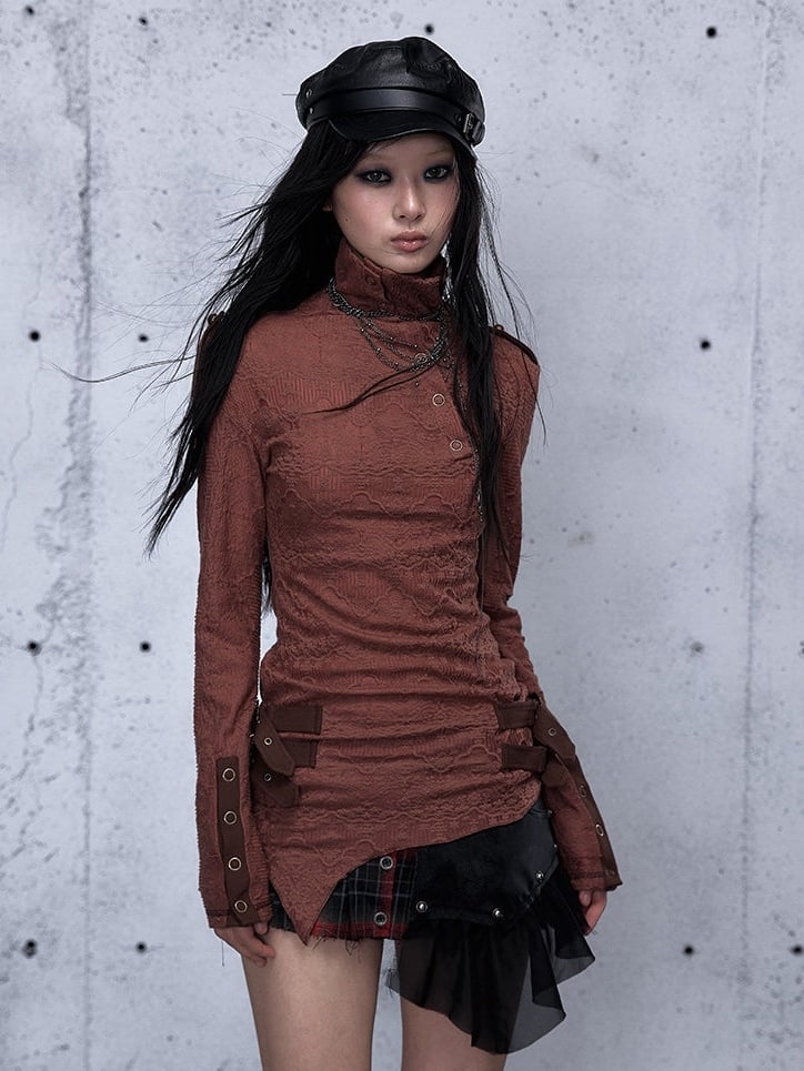 Jacquard Top with Brick Buckle Mock Accents Red Hem Neck Asymmetrical