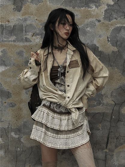 Distressed Shirt Cotton-linen Vintage Punk White