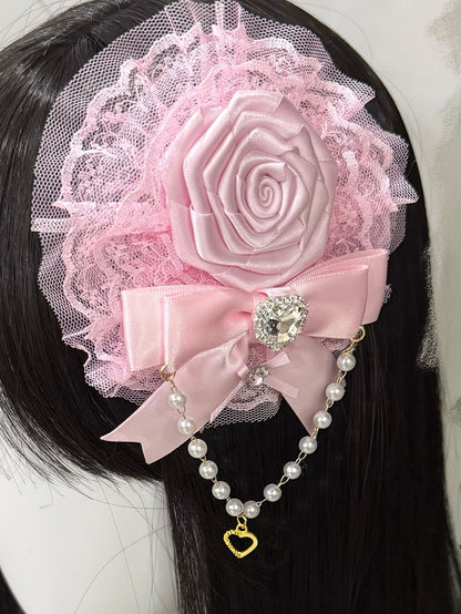 Perlenbesatz, Blumenmuster, verziert und rosa/rosafarbener Charme, Schleife, Strass, Herz, Spitze, Haarspange, Rot