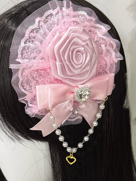 Perlenbesatz, Blumenmuster, verziert und rosa/rosafarbener Charme, Schleife, Strass, Herz, Spitze, Haarspange, Rot