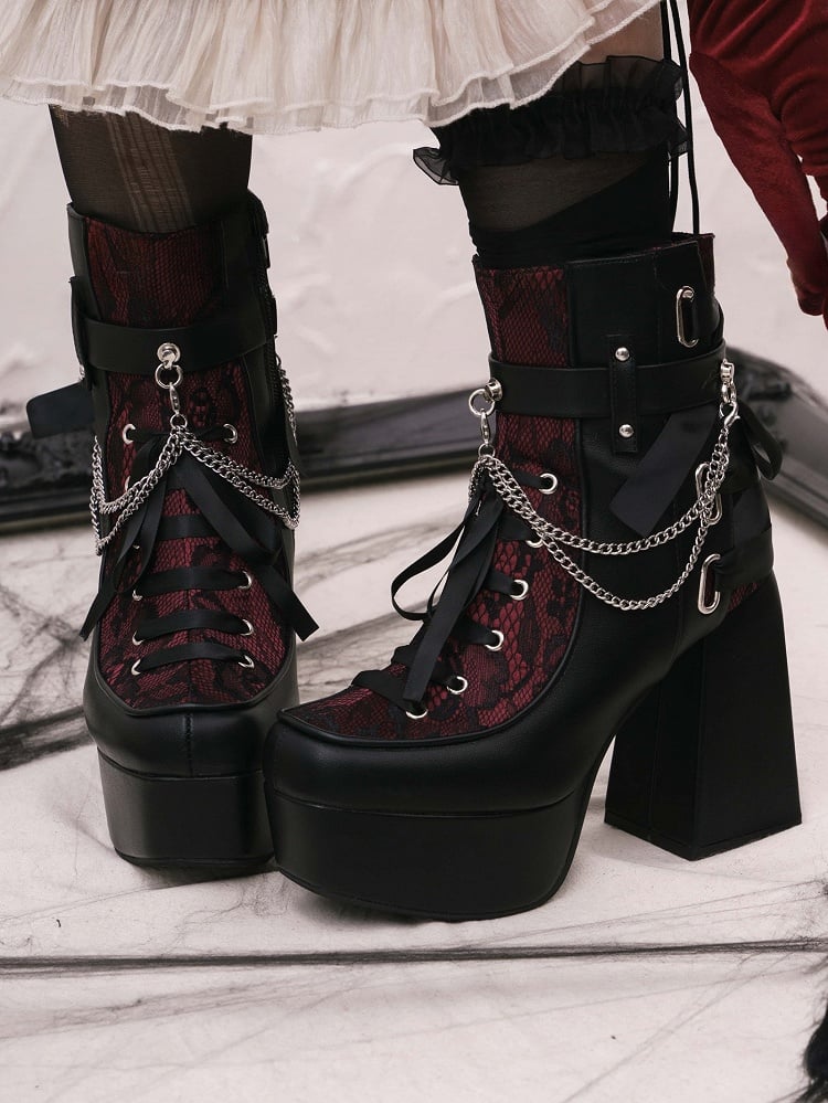 Platform Gothic Block Heel Style in Decor Black Chain High Boots Multi Removable Red System Fastening