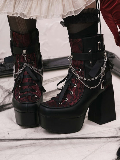 Platform Gothic Block Heel Style in Decor Black Chain High Boots Multi Removable Red System Fastening