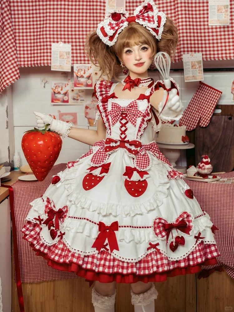 with Flutter White Sweet Gingham Details Dress Lolita Bow Sleeves Red