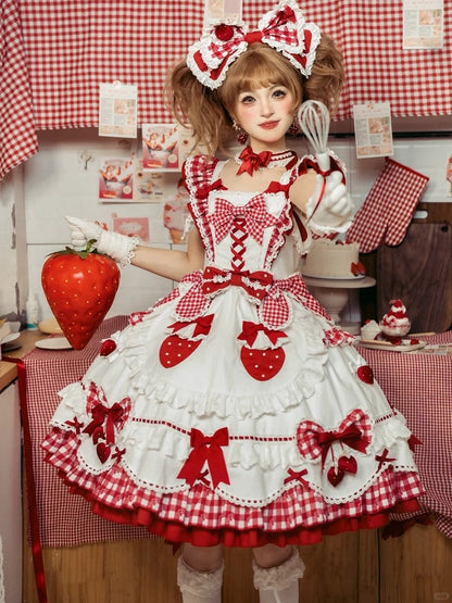 with Flutter White Sweet Gingham Details Dress Lolita Bow Sleeves Red