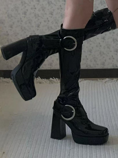 Polished - Toe Square Buckles Boots Black Zipper Inner Decorative with Knee-Length Platform