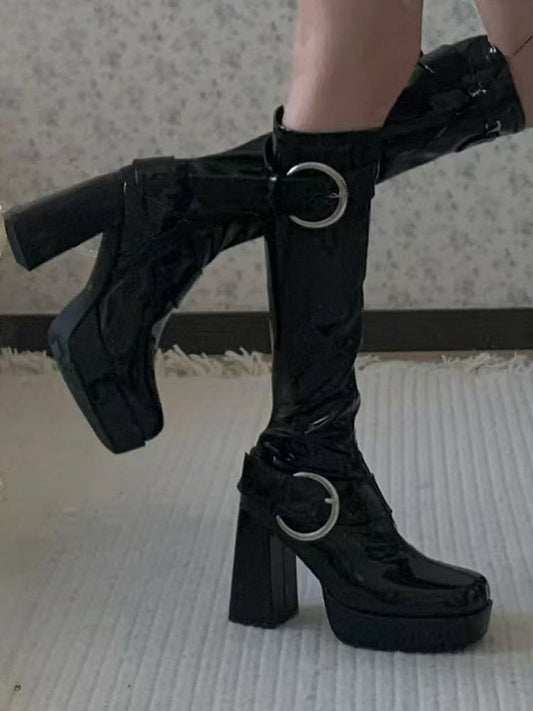Polished - Toe Square Buckles Boots Black Zipper Inner Decorative with Knee-Length Platform