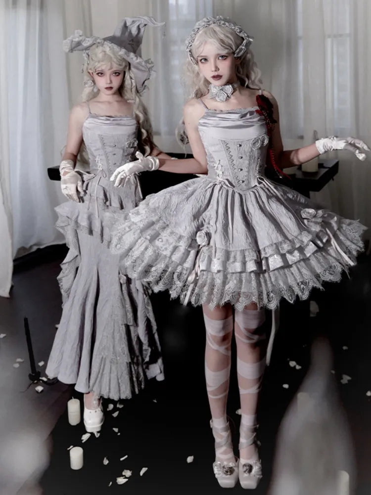 Detail Gothic Lagenrock Grau Hexe Kordelzug Lolita Silber