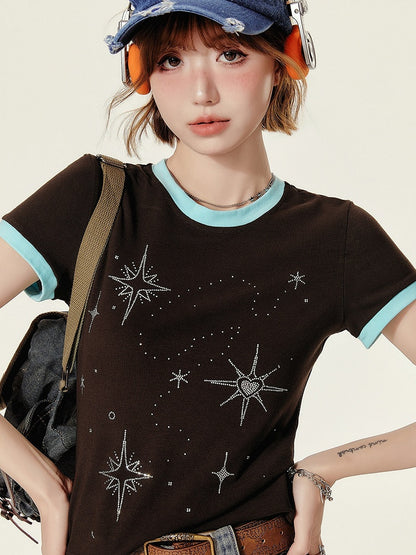 Retro Style Short Sleeve Summer T-Shirt - Star Embellished & Round Neck - Girlyhalo