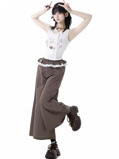 セルフタイストラップ付きホワイトキャットプリントタンクトップネックライン