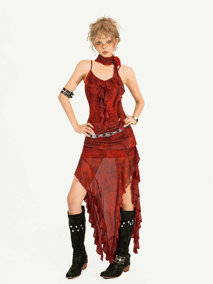 Red Floral Print Sleeveless Summer Dress with Irregular Ruffle Hem