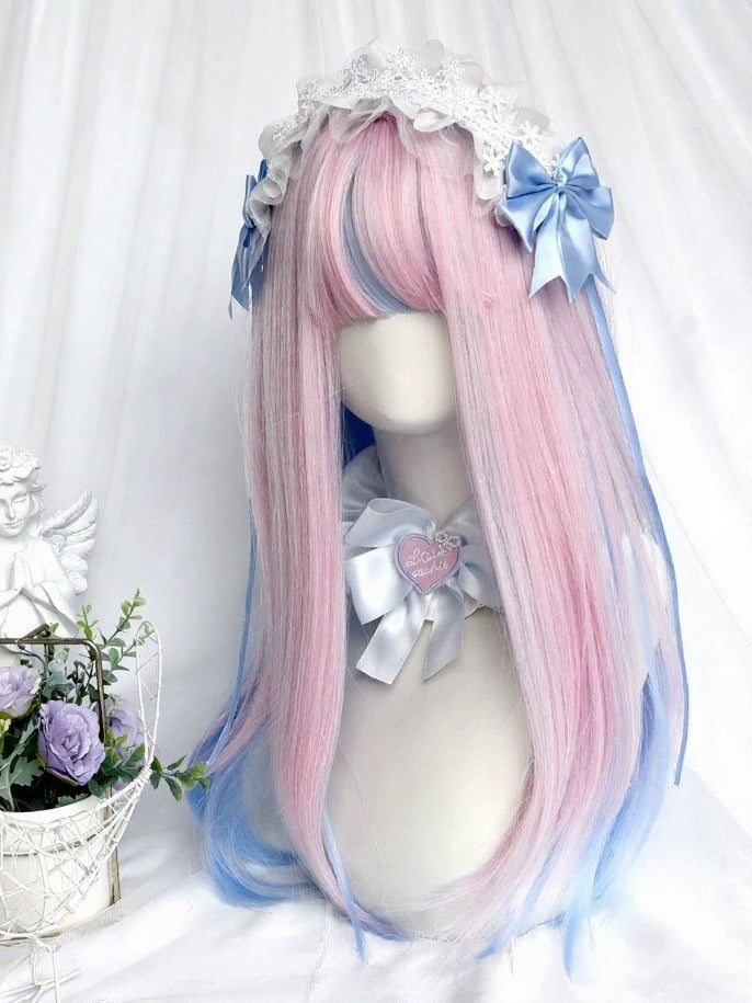 Blue and Pink Ombre 55cm Long Straight Full Bangs Wig - Sinwavy