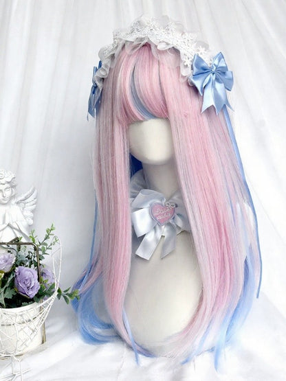 Blue and Pink Ombre 55cm Long Straight Full Bangs Wig - Sinwavy