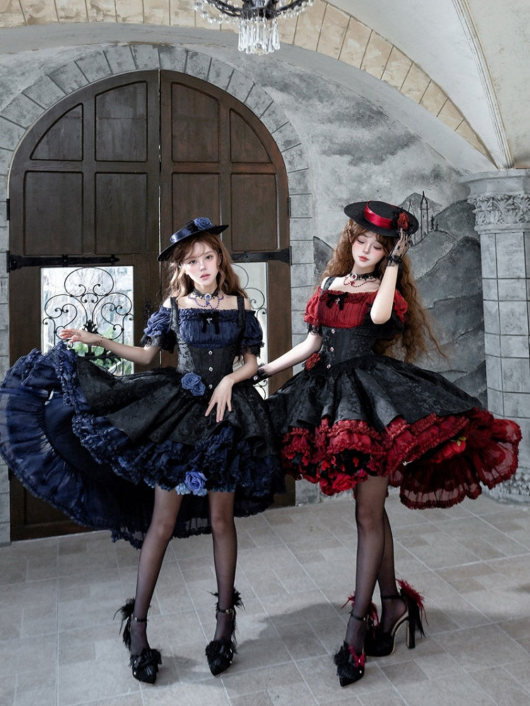 Gothic Underbust JSK Dress with Off-Shoulder Blouse, Dark Blue & Black, High-Low Skirt - Sheer Ocean