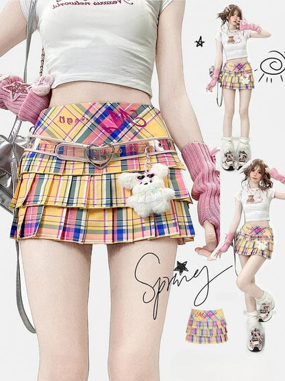 Drucken Bunter Rock Y2K Plissee Muster Plaid Buchstabe