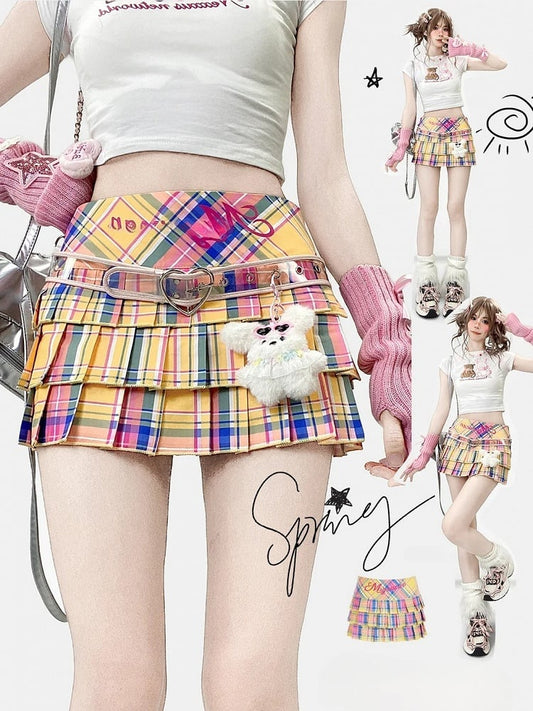 プリントカラフルスカート Y2K プリーツ柄 チェック柄 レター