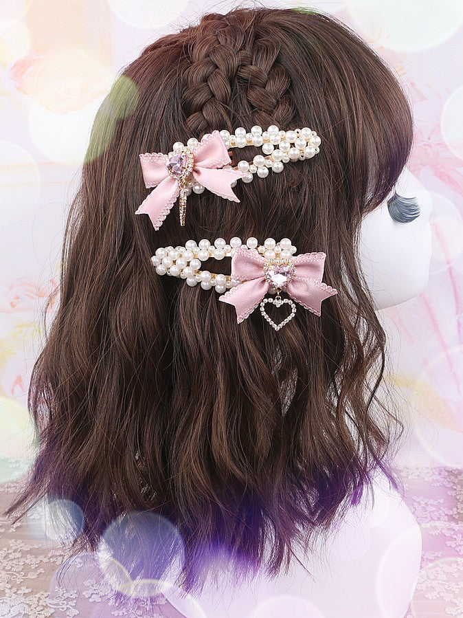 Rhinestone Heart Jirai Bowknot Kei Pearl Hairclip Black/Pink