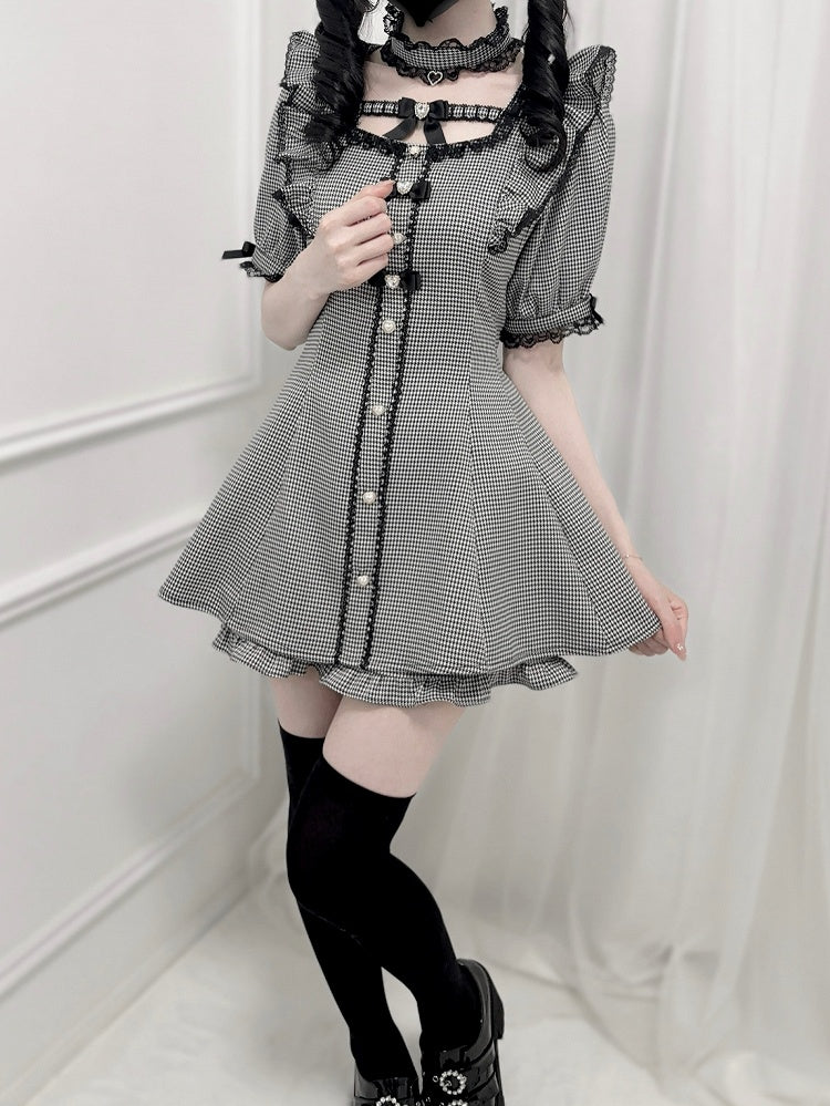 Set – Minikleid mit Flatterärmeln, Schleife hinten zum Selbstbinden + Shorts, Hahnentrittmuster, Jirai Kei + Halsband
