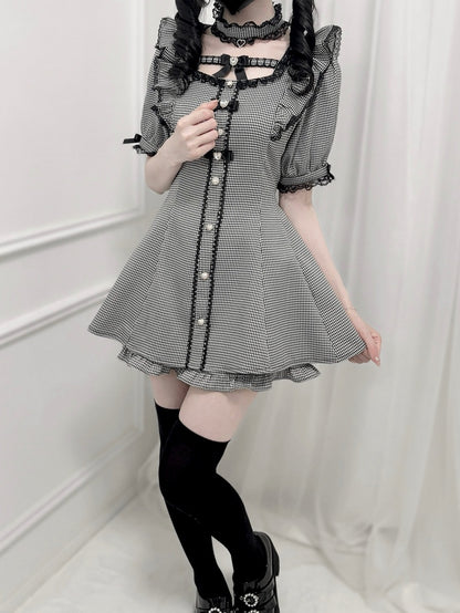 セット - フラッタースリーブセルフタイボウバックミニドレス + ショーツ ハウンドトゥース ジライケイ + チョーカー