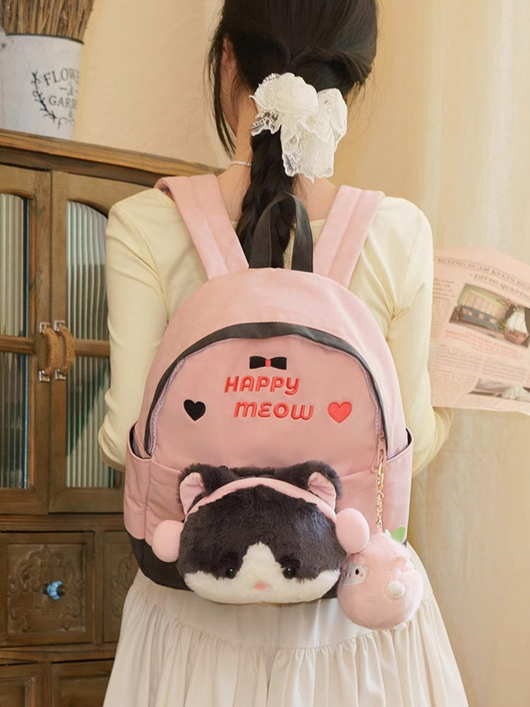 A PinkGray Embroidery Heart With Suede And Backpack Letter Plushie Kitty Detachable