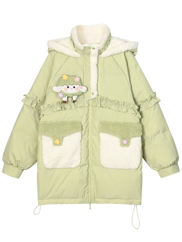 Grüner süßer Daunenmantel mit Kapuze und Rüschenbesatz