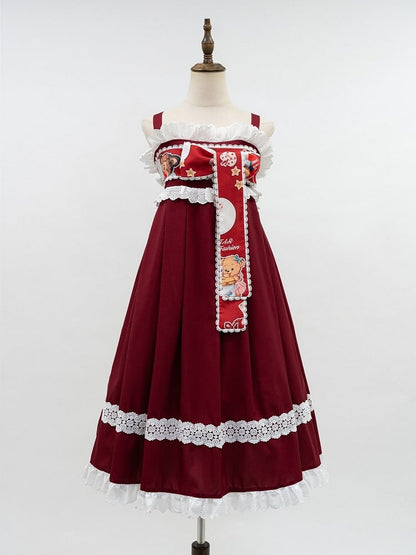 + Design Print Trimmed Set Wa Lolita Bear Beige Lace Top Crossover Dress JSK Red