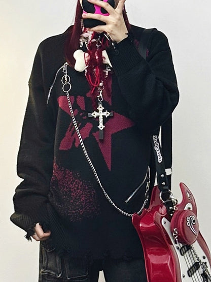 and Black/Gray Distressed Knit Sweater with Zipper Chain Detail