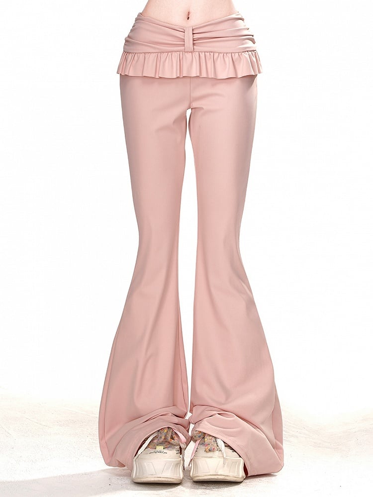 Pink Ruffled Trim Slim Fit Flare Pants