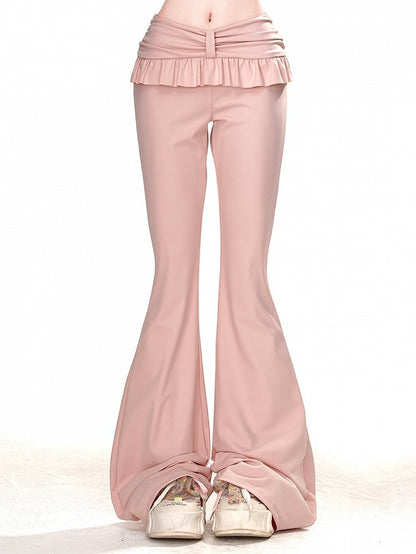 Pink Ruffled Trim Slim Fit Flare Pants