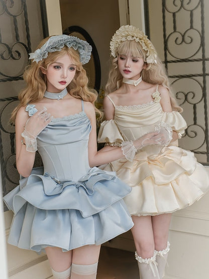 Set mit Stäbchen, JSK-Taille, volle Träger, elegantes blaues Kleid mit Ausschnitt, Wasserfallausschnitt, Spaghetti-Lolita