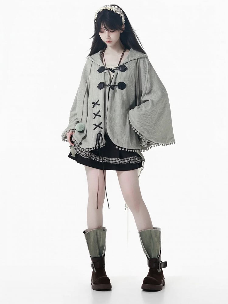 Accents Lace-Up Pom-Pom with and Kei Hooded Design Green Dusty Cape Mori