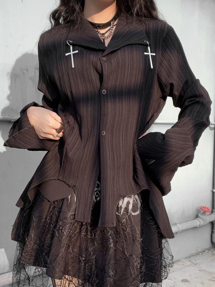 Shirt Cross Hem with Silver Punk Gothic Asymmetric Charms Black