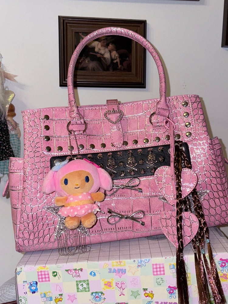 Y2K Vintage Handbag with Studs and Buckle Accent - Black Cherry Sauce