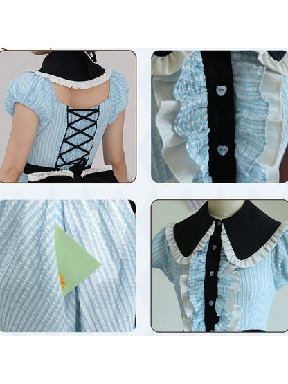 Kawaii Tea Cup Cat Theme Blue & Black Lolita Dress Set with Embroidery & Lace Trim - Rock Candy Box