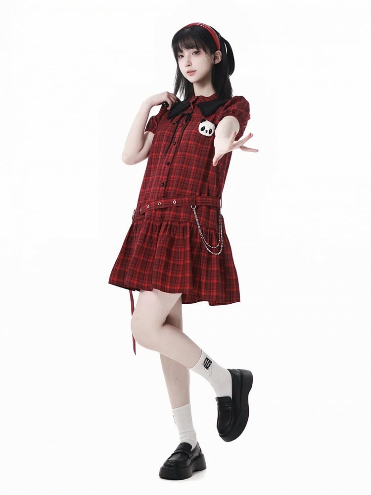 Buckle Plushie and Belt with Panda Red  Black Puff Sleeves Plaid Dress