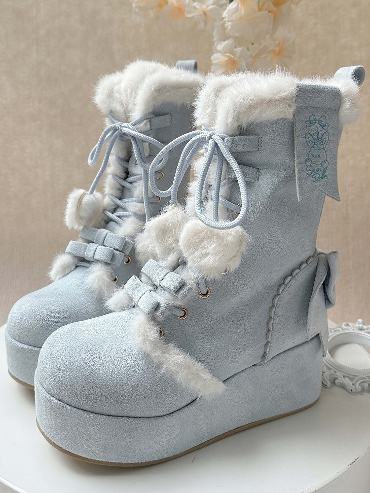 Interior Plush Boots - 4cm Platform Sole Sweet For Lolita Blue Snow with