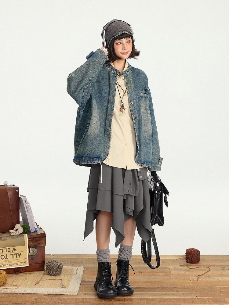 Design Vintage Jacket Distressed Snap Blue Denim Placket