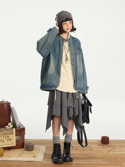 Design Vintage Jacket Distressed Snap Blue Denim Placket