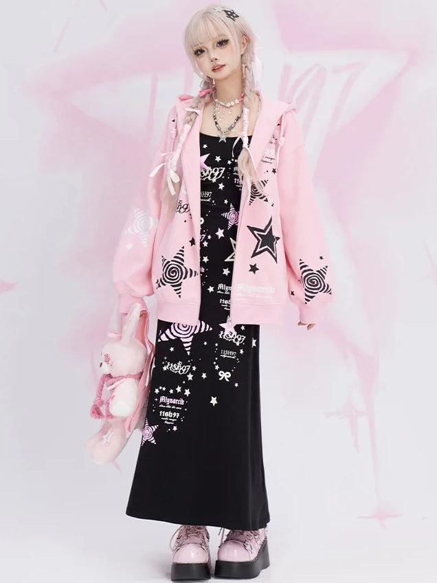 Pink Stars Print Spring Zip Hoodie