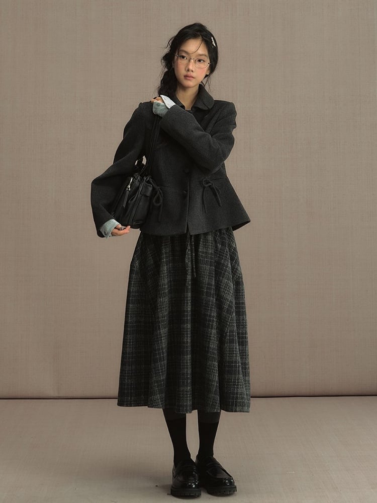 Gray Elastic Waist Tweed Plaid Tea Length Skirt