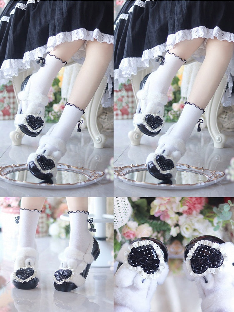 Plush Polka Dot Heart Rabbit Ear Winter Lolita Footwear - Cute Bunny