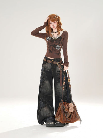Jeans Design Distressed Black Patchwork Wide-Leg with