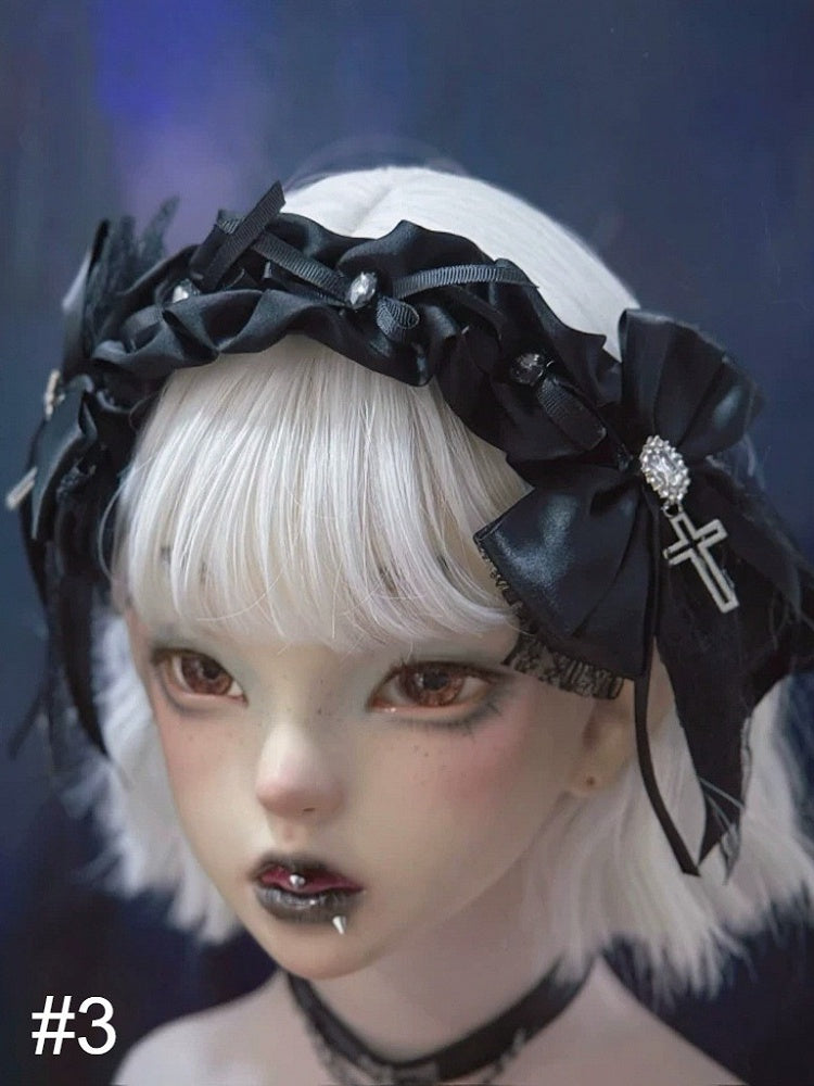 Gothic KC Headband with Cross and Bow Accents - Strange Sugar
