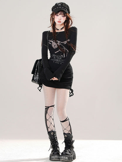 ブラックハートロックドローストリングスカートミニドレス