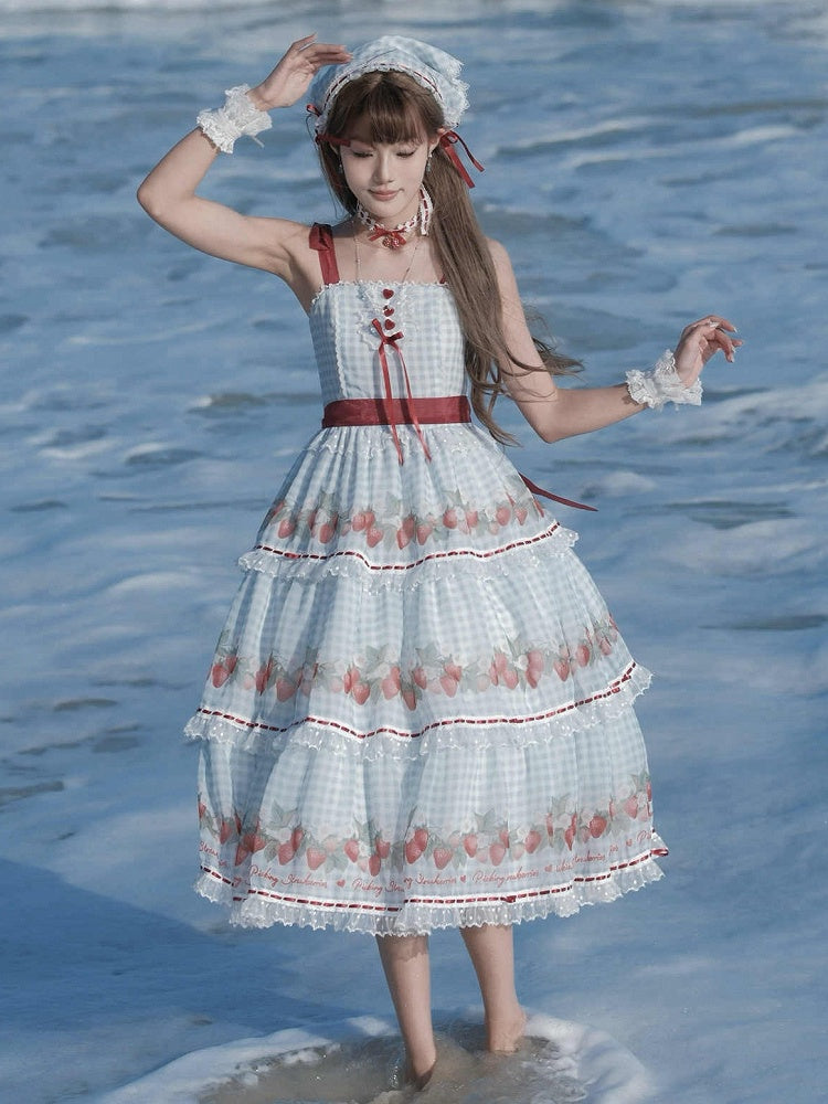 Strawberry Print Blue Lolita Gingham Dress Sweet Summer Lolita Jumper Skirt