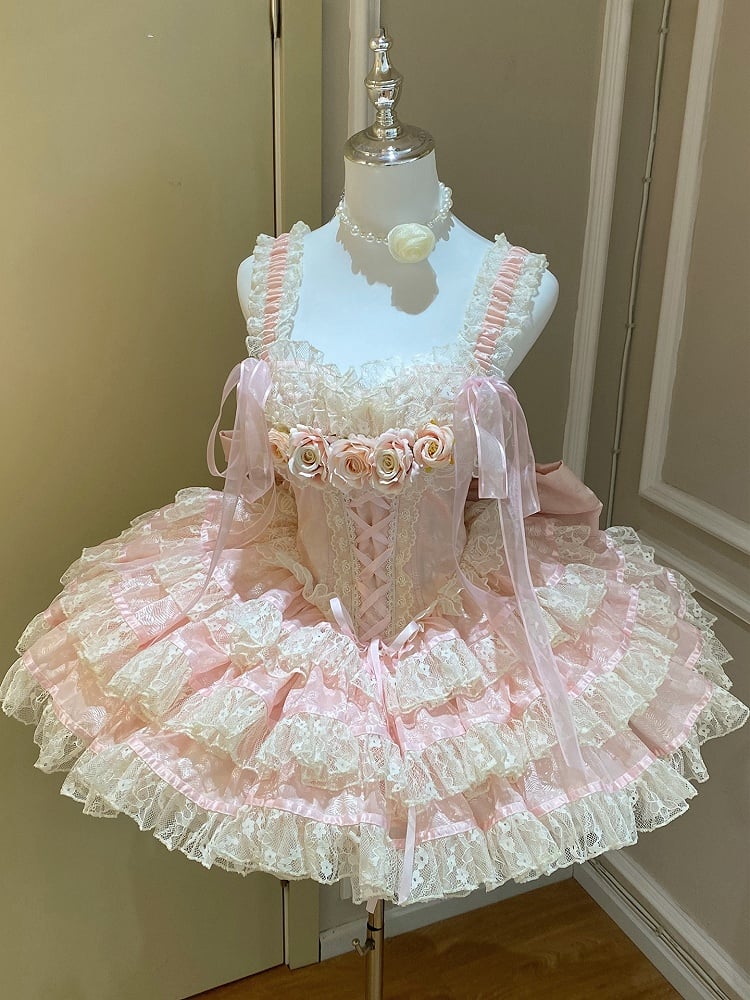 Rose Layered Lace Balletcore Accents Pink Beige Dress with