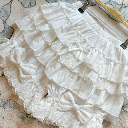 Sweet Lolita White Cotton Bloomers with Tiered Ruffles & Bow