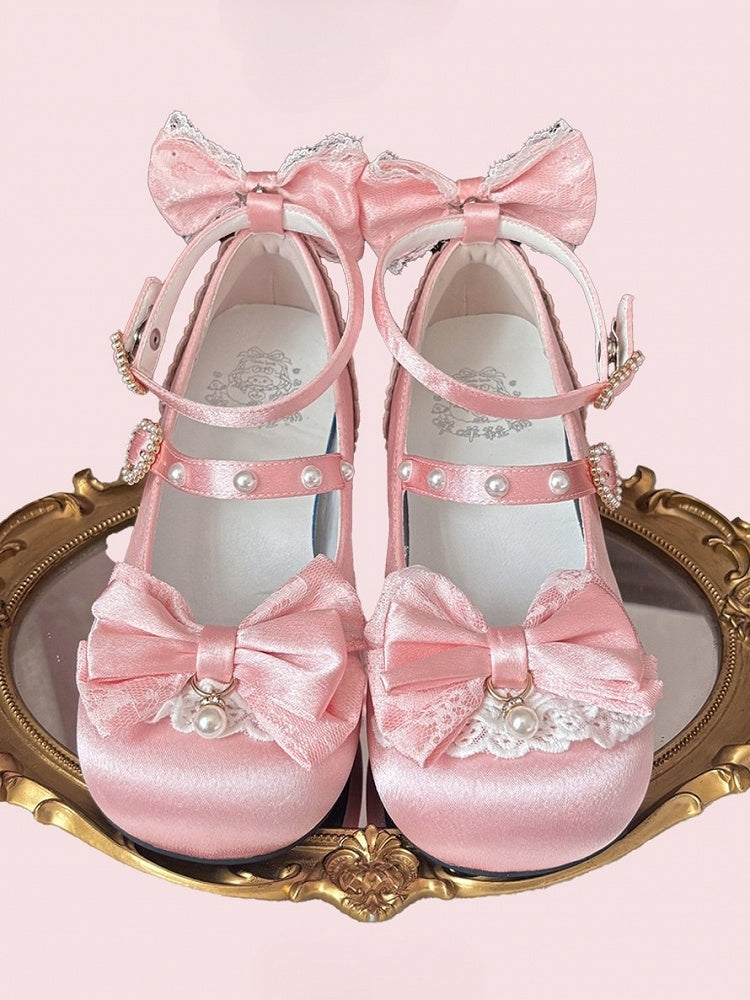 Beaded Mary Pink Delicate - Heart Sweet for Fastener Lolita Edging Janes Lace Low-heel