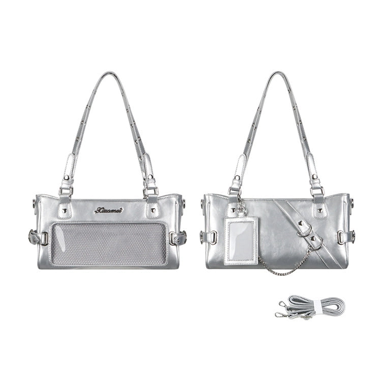 Silberne vielseitige Ita-PU-Tasche aus Leder mit transparentem Fenster